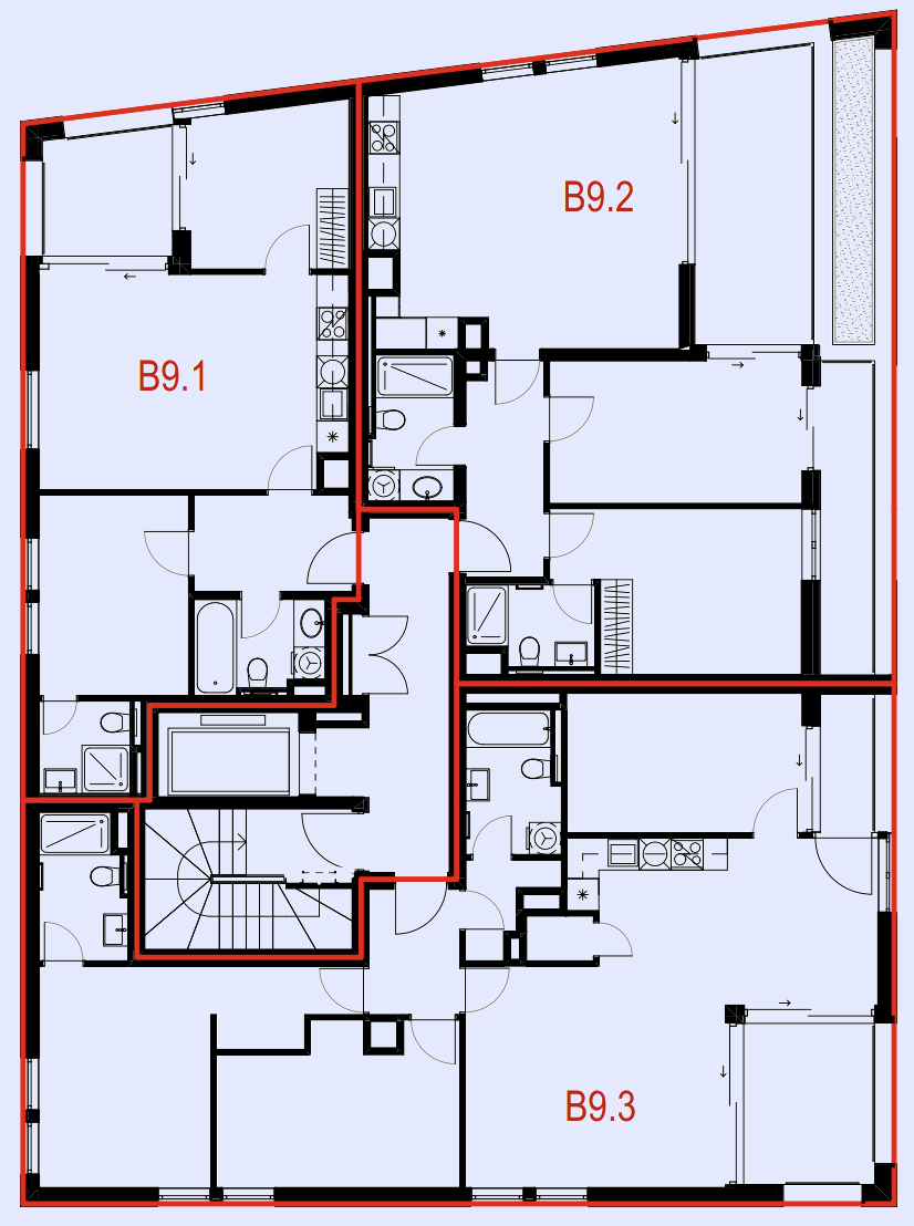 Pôdorys budovy s tromi časťami označenými ako B9.1, B9.2 a B9.3, na ktorom sú znázornené rôzne izby, kuchyne, kúpeľne a chodby vyznačené čiernou a červenou farbou.