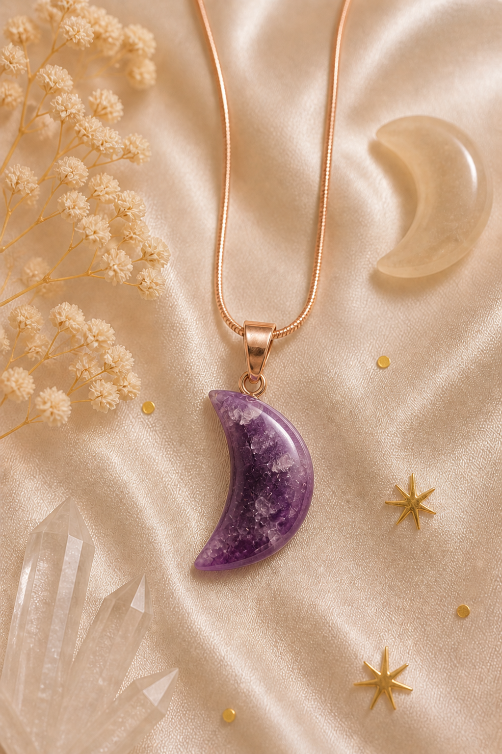 Amethyst Crescent Moon Pendant Necklace  ✨ Intuition • Calm