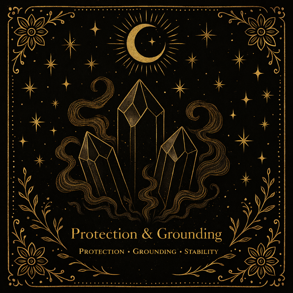 A celestial-themed illustration with gold line drawings on a black background, featuring a crescent moon, stars, and three crystals emitting swirling smoke, surrounded by floral patterns and accompanied by the text "Protection & Grounding" and the benefits listed as "Protection, Grounding, Stability".