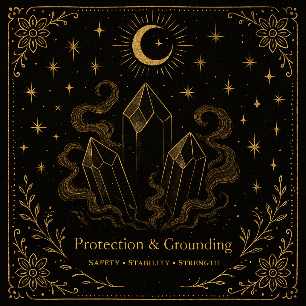 Elegant black and gold illustration featuring a crescent moon, stars, and three large crystals with swirling energy, surrounded by floral patterns. Text reads "Protection & Grounding" with the words "Safety," "Stability," and "Strength" below.