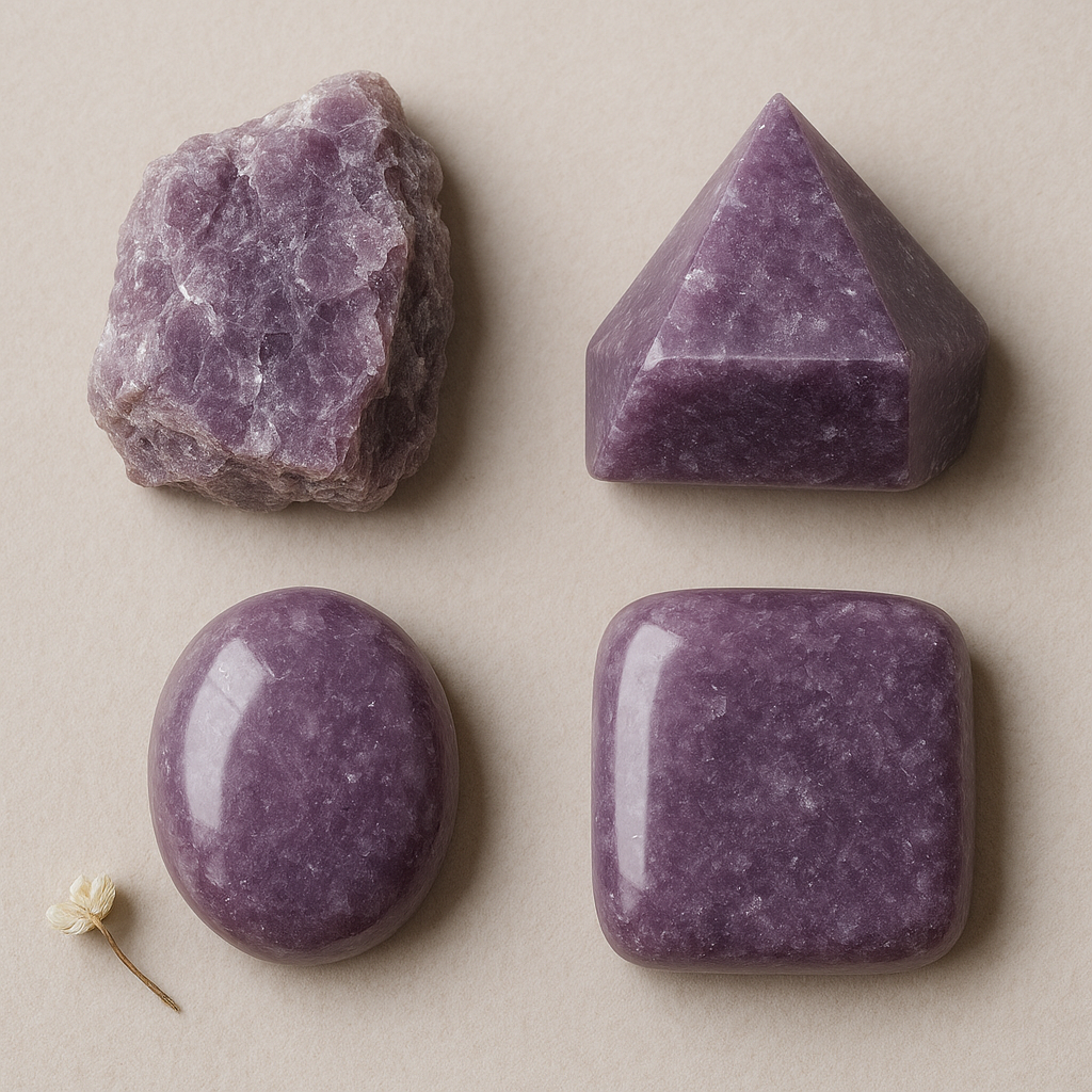 Four polished purple stones and one unpolished rough purple stone on a beige background, with a small dried flower at the bottom left corner.