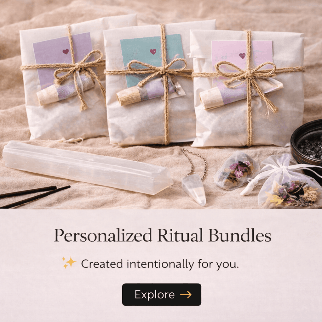 Three wrapped packages with colorful paper, tied with jute twine, each with a small rolled scroll and a label. Surrounding items include a clear selenite wand, a crystal pendant on a chain, small bags of dried flowers, a black dish with crystals, and