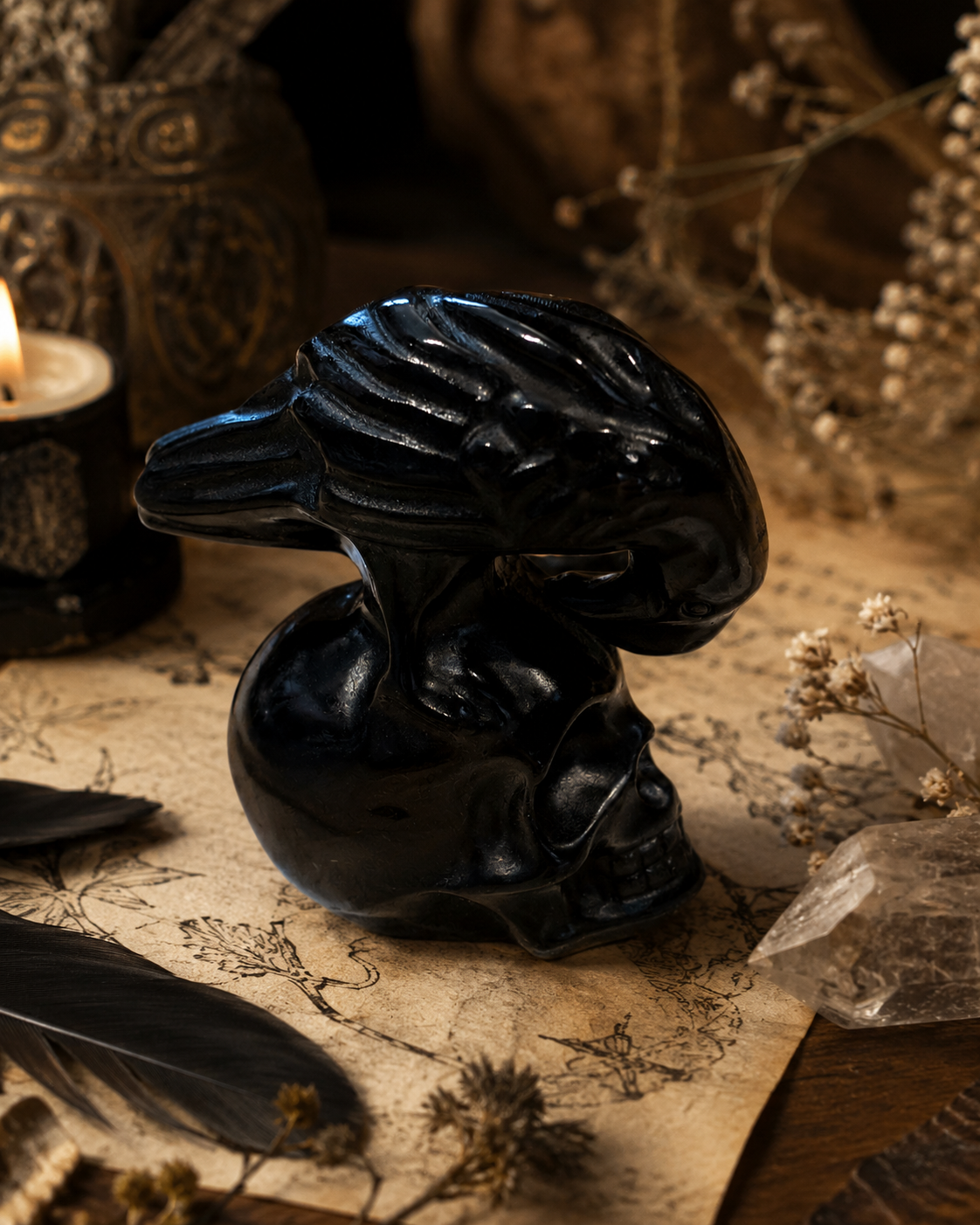 Obsidian Crow on Skull Carving -Protection • Transformation • Shadow Work