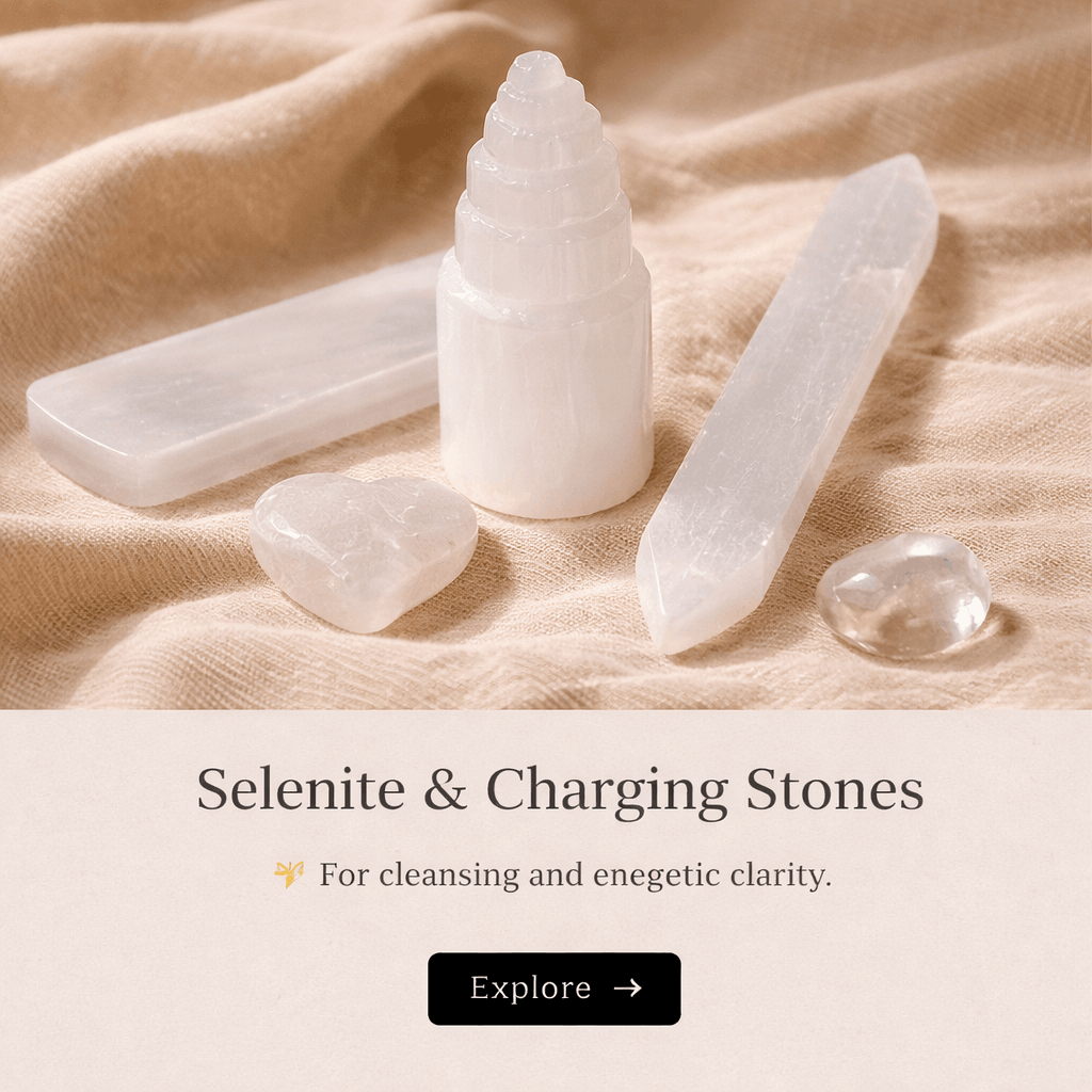 A collection of white spiritual stones, including a large spiral conical shell, a flat rectangular slab, a heart-shaped stone, a tall rectangular prism, and a rounded stone, placed on beige fabric with a caption promoting their use for cleansing and 
