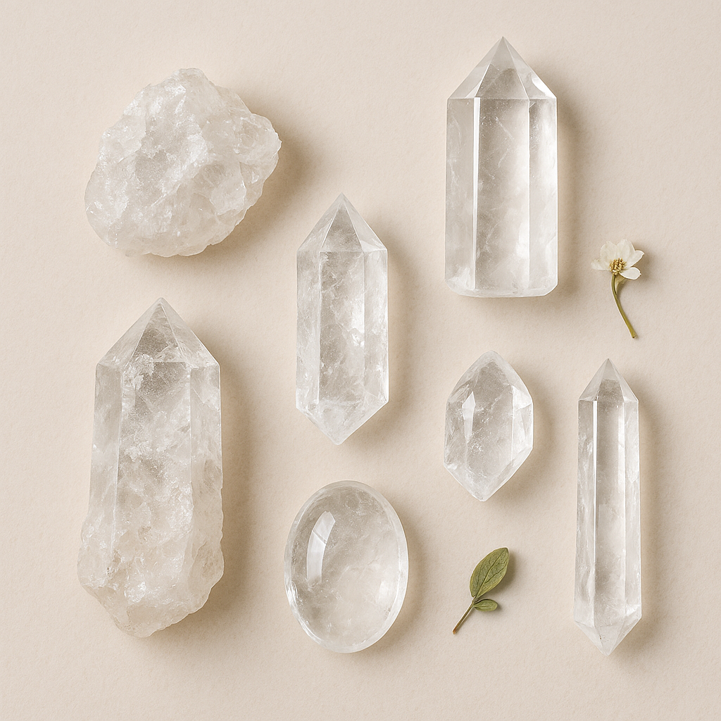 Several clear quartz crystals of various sizes and shapes, a large rough mineral specimen, a small oval polished stone, a small white flower, and a small green leaf arranged on a neutral background.