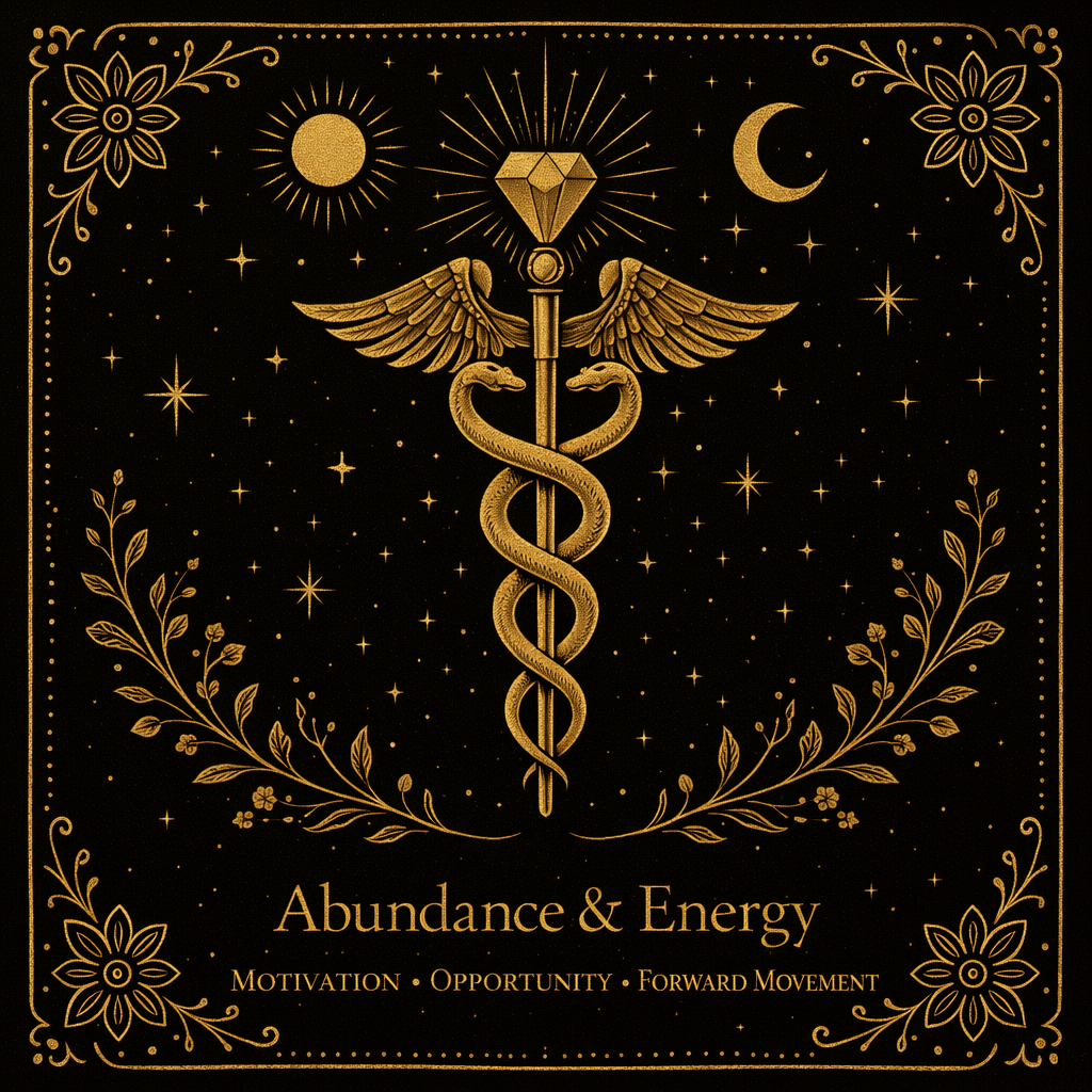 Golden illustration of a caduceus, a staff with two snakes and wings, topped by a diamond-shaped gem, following celestial symbols of the sun and moon, with decorative floral and star elements, and the text 'Abundance & Energy, Motivation, Opportunity, Forward Movement'.