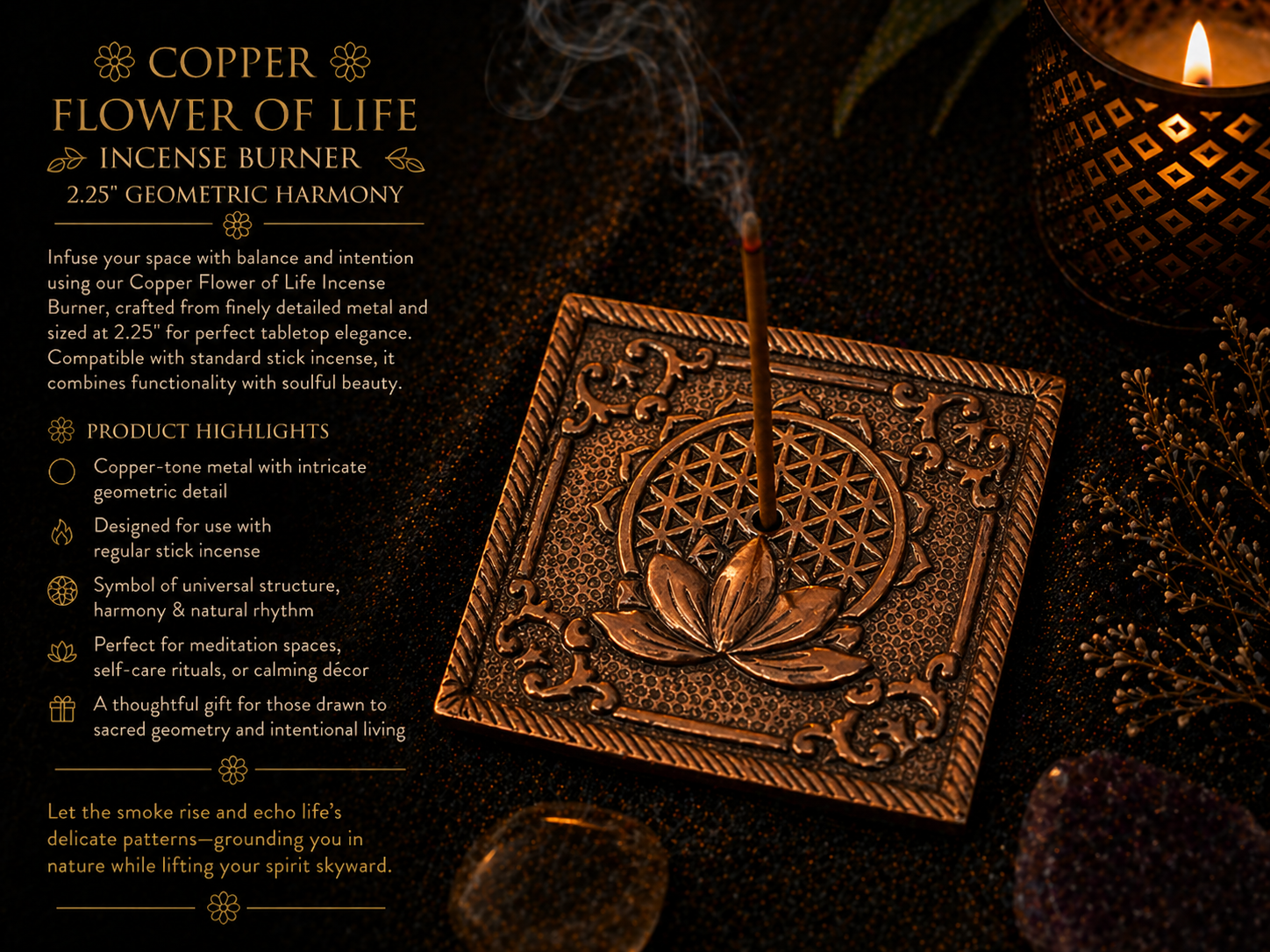 Copper Flower of Life Incense Burner 2.25" – Sacred Geometry Altar Plaque