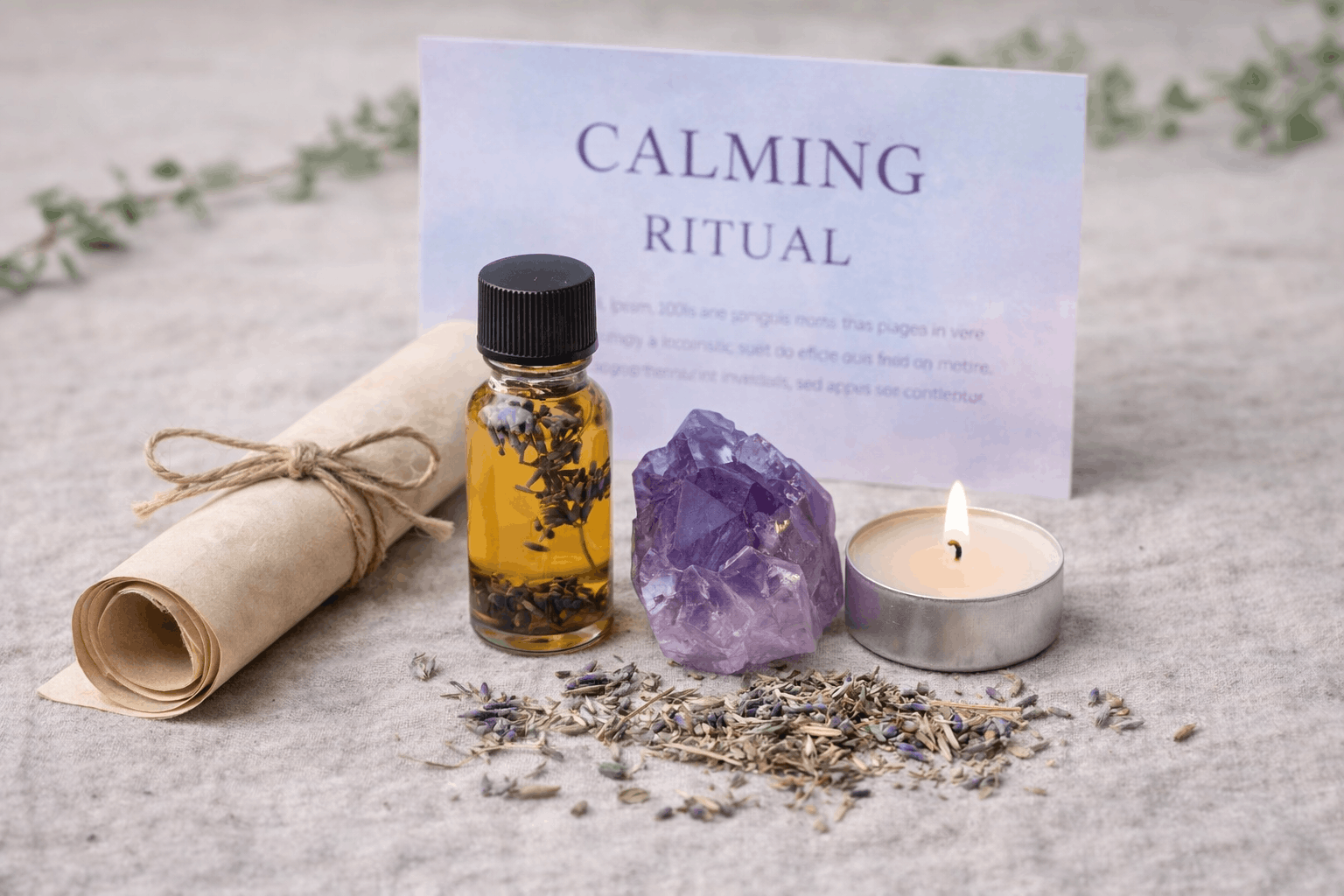 A calming ritual setup with a lavender seed packet, a rolled parchment tied with twine, a bottle of lavender oil, a large amethyst crystal, a tealight candle, and a sign that reads 'Calming Ritual' on a light grey fabric surface.