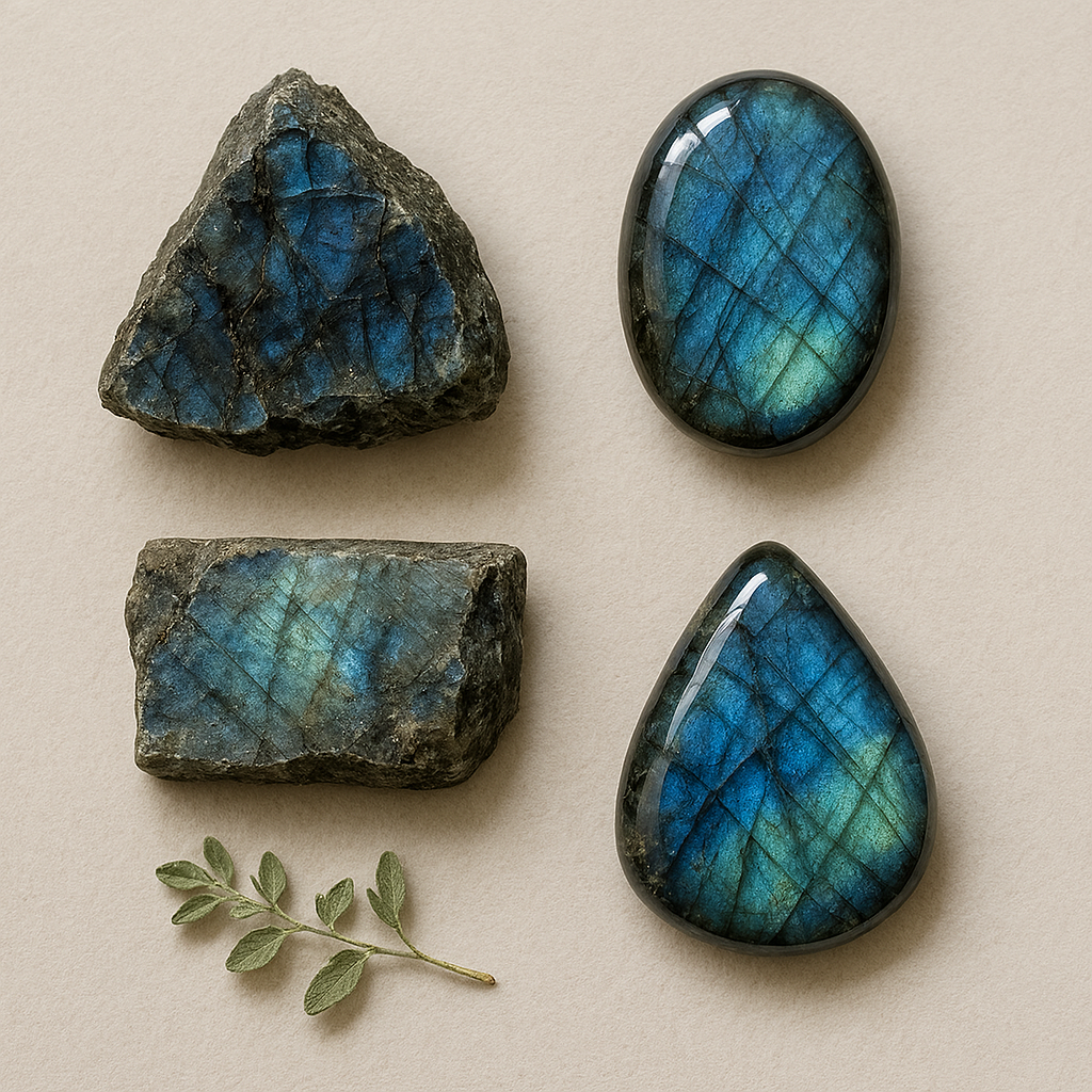 Two rough and two polished labradorite stones with blue and green iridescence, a small sprig of green leaves on a beige background.