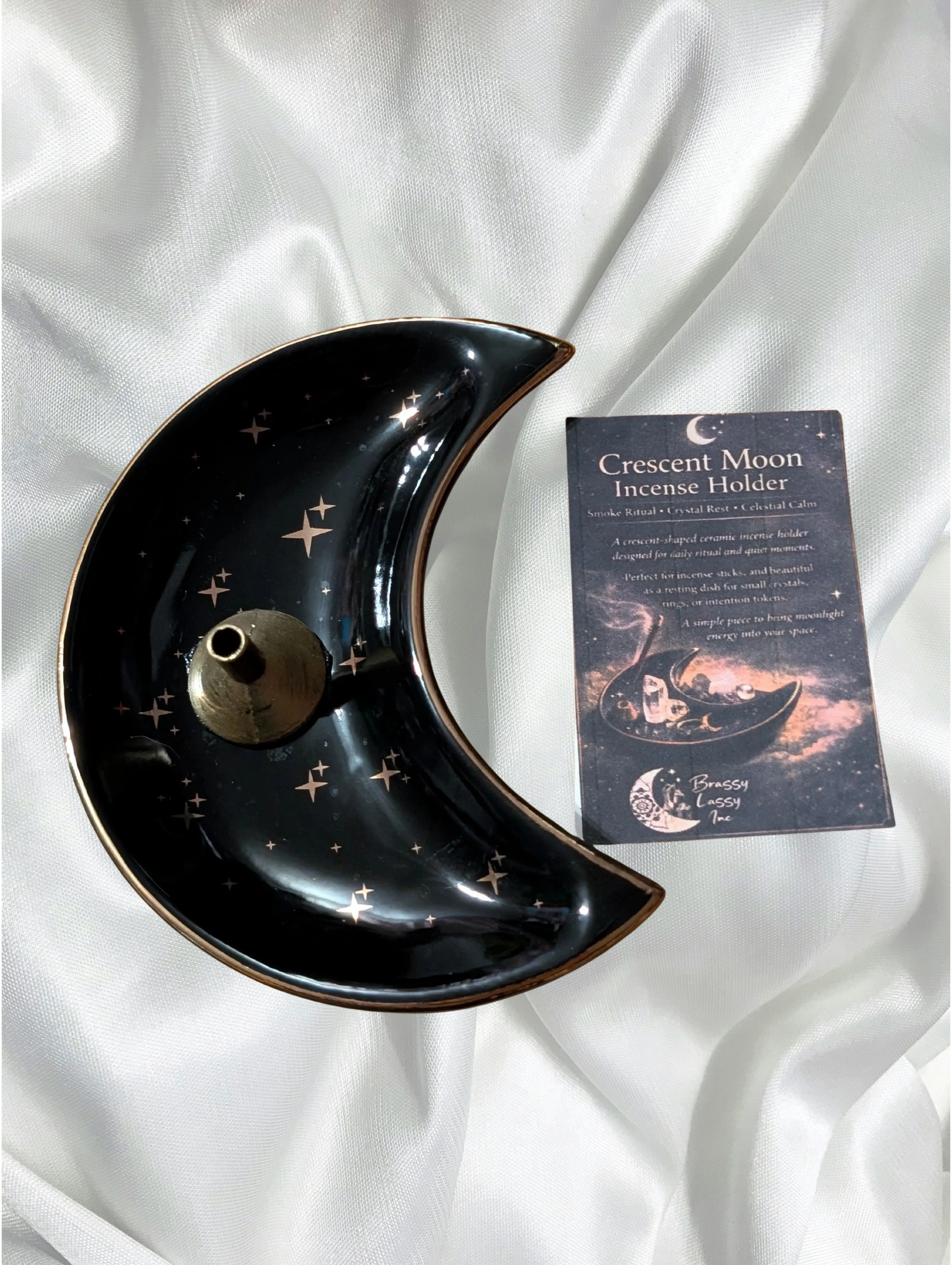 🖤 Crescent Moon Ceramic Incense Holder  Celestial Calm • Smoke Ritual • Crystal Rest