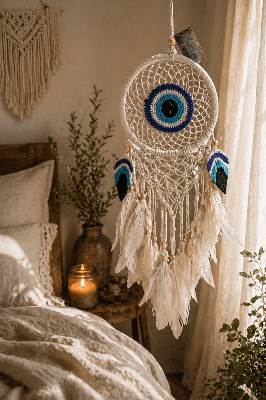 🧿 Evil Eye Dreamcatcher – Boho Crochet Wall Hanging (6.5”) 🌙