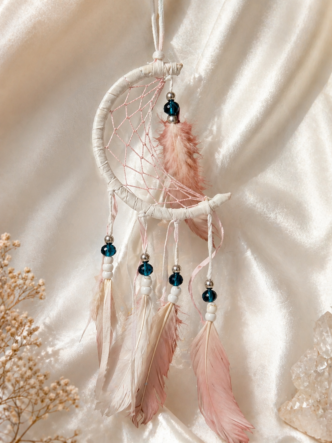 🌙 White Moon Dreamcatcher • Soft Protection Charm (3”)