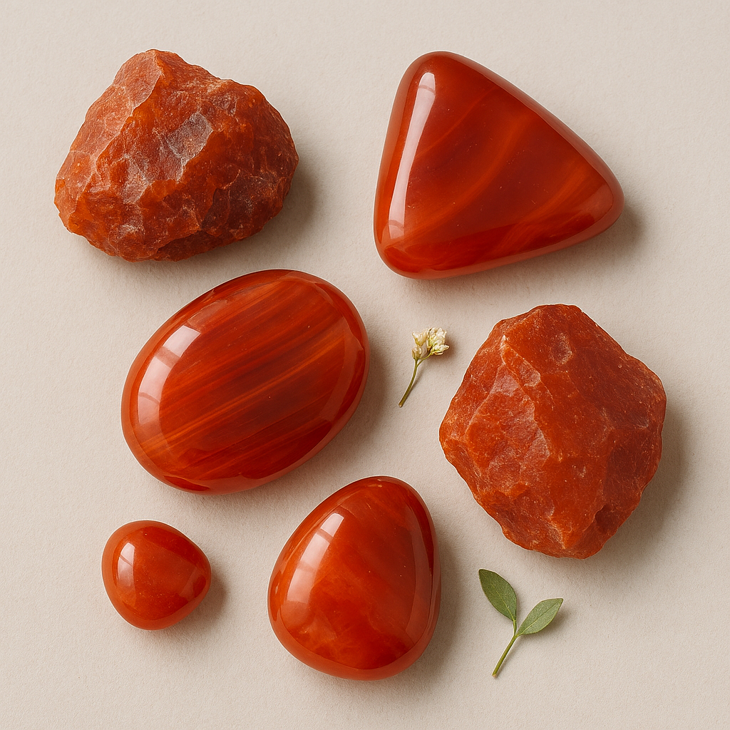 Arrangement of polished and rough red-orange stones, small white flower, and green leaves on a beige background.