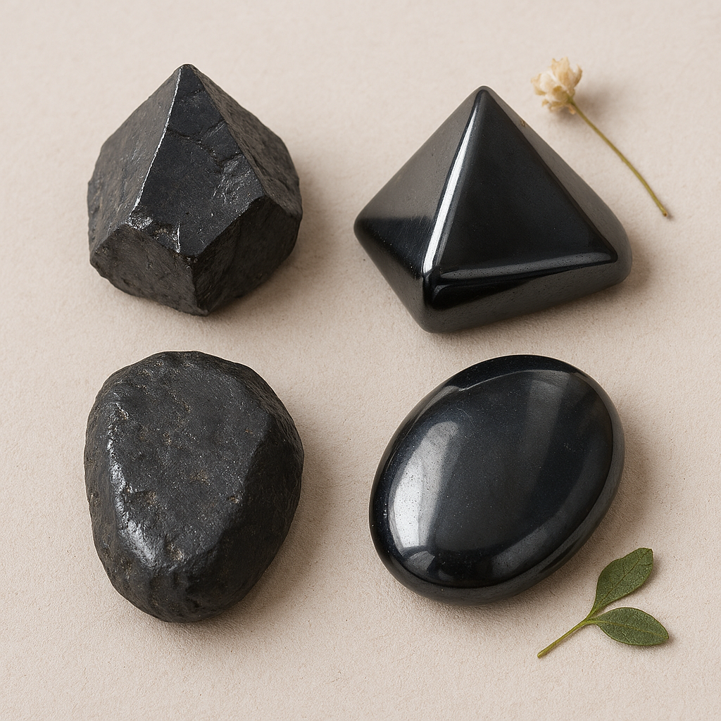 Arrangement of four black stones and two small leaves on a beige background.