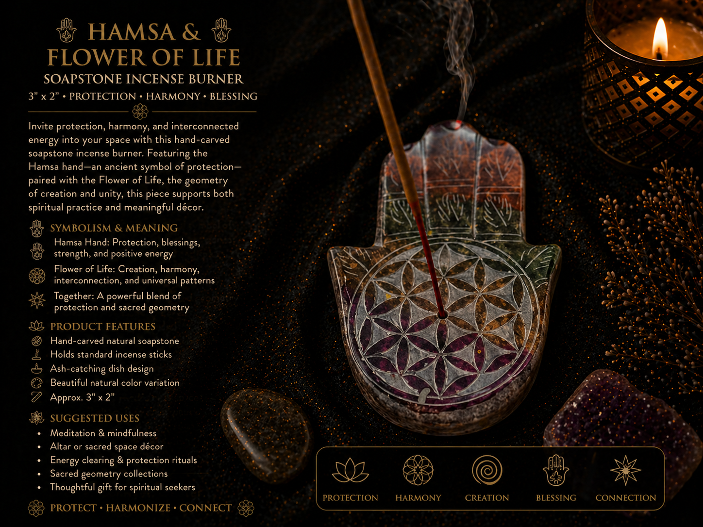 Hamsa Flower of Life Soapstone Incense Burner