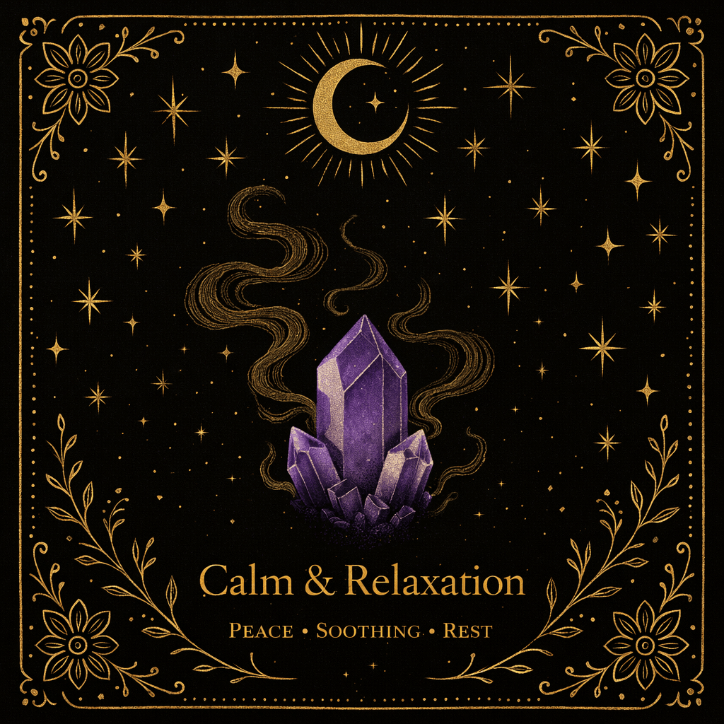A dark background with a purple crystal in the center emitting steam, surrounded by gold decorative floral patterns and stars, with a crescent moon above. The text reads 'Calm & Relaxation' with the words 'Peace, Soothing, Rest' underneath.