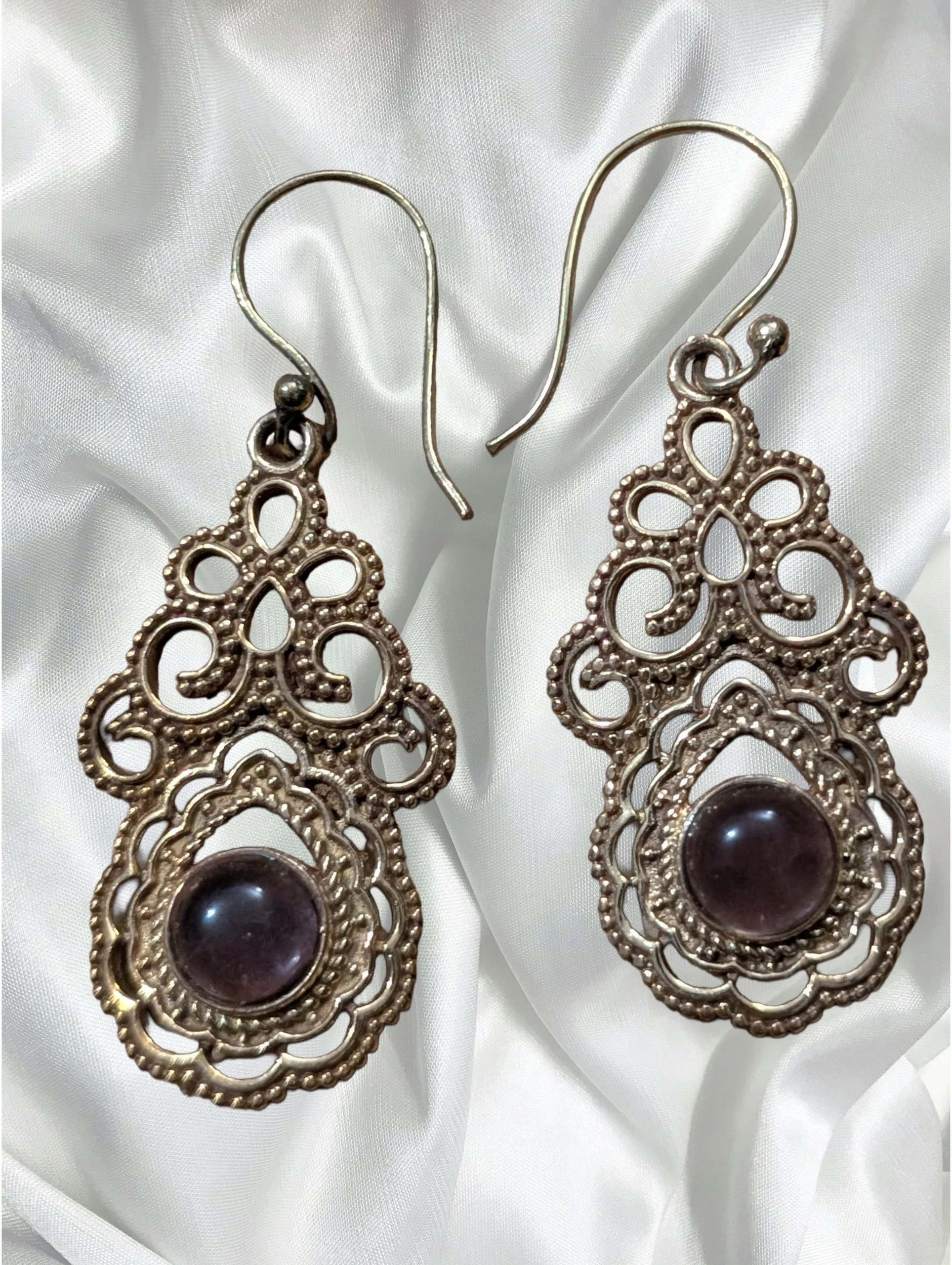 Amethyst Ornate Filigree Earrings – Brass