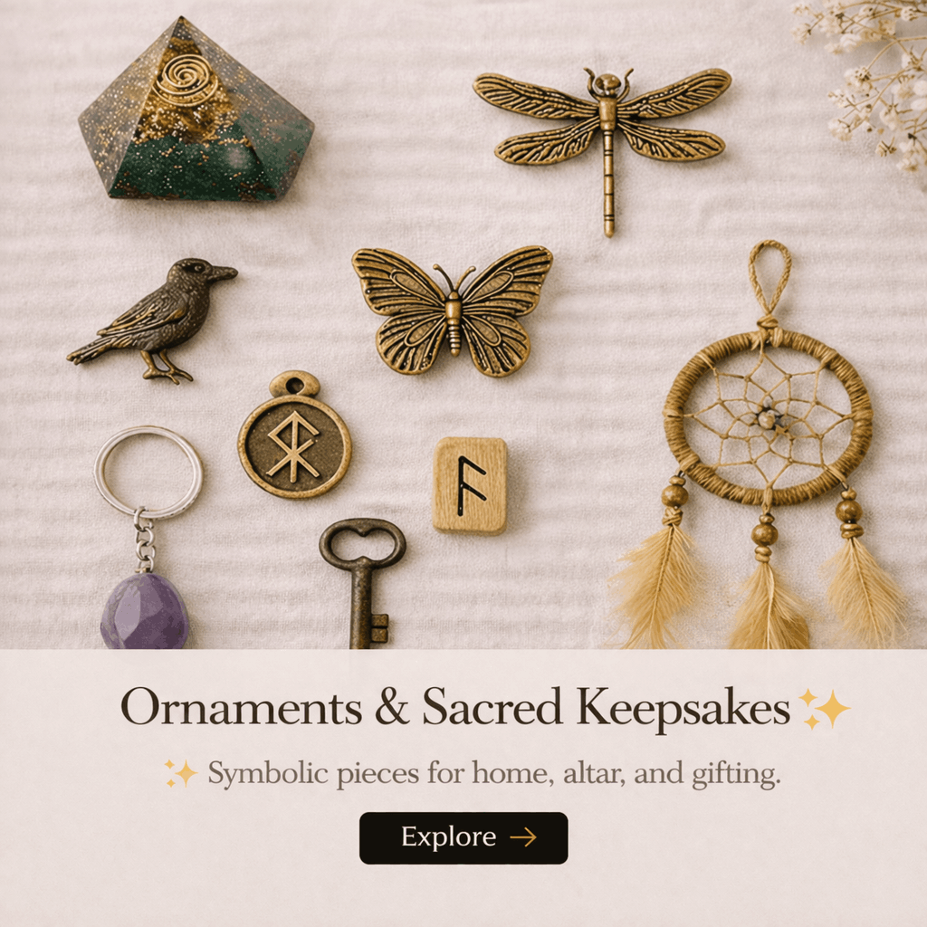 Collection of decorative ornaments and sacred keepsakes, including a geometric crystal, butterfly and dragonfly metal pins, a bird figurine, a wax seal stamp, a Scrabble tile with the letter 'F', a key, a purple gemstone pendant on a ring, and a smal