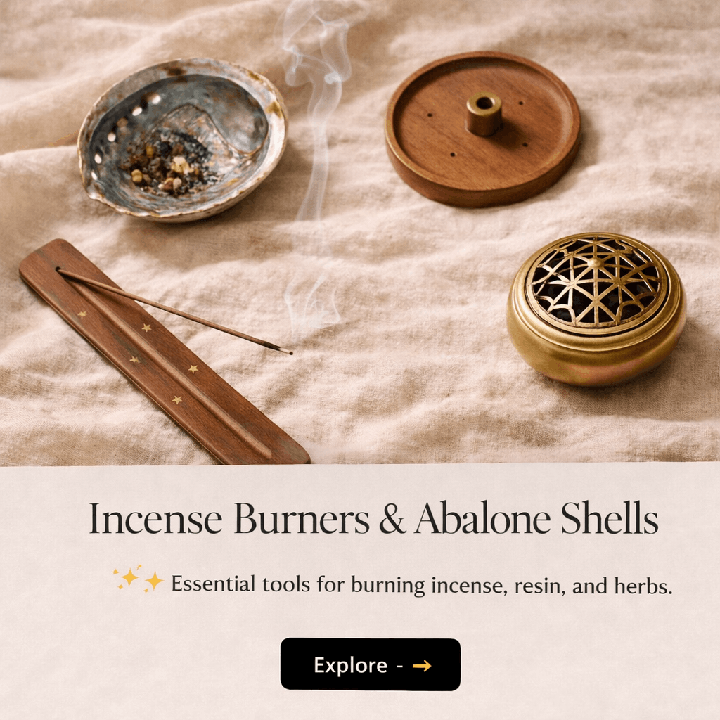 A collection of incense smoking tools including a ceramic dish with ash and incense remains, a wooden disc with a small brass piece, a metal incense burner with a decorative lattice cover, and a wooden stick holder with a star pattern, all arranged o