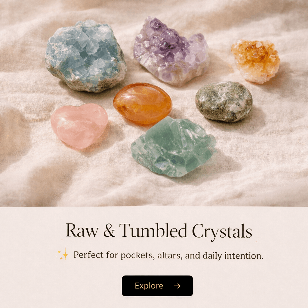 Collection of raw and tumbled crystals in various colors and shapes displayed on a white fabric surface.