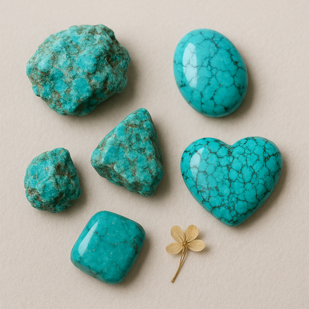 Seven turquoise-colored stones of various shapes, including a heart-shaped, an oval, and rounded irregular shapes, are arranged on a beige background with a small dried flower at the bottom.