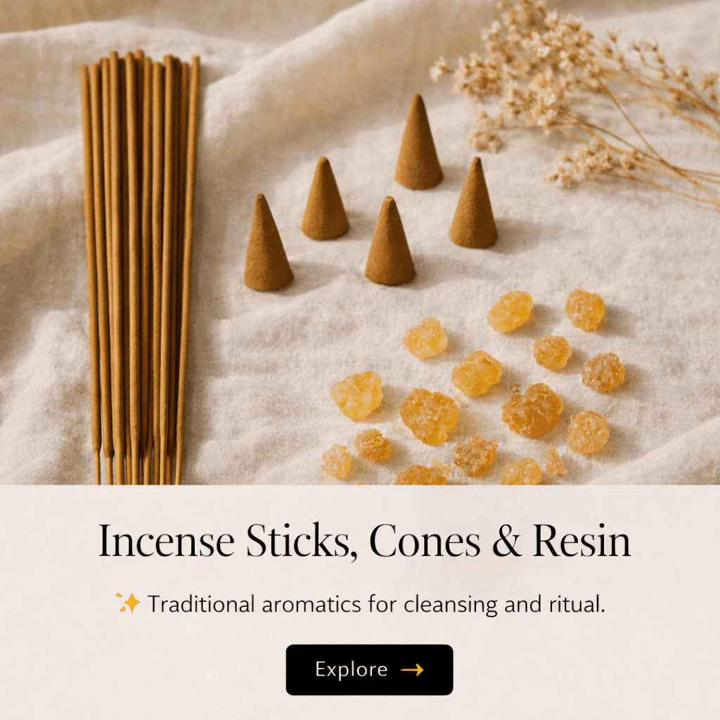 A collection of incense sticks, cones, and resin on a soft fabric surface, with dried flowers in the background. Text overlay reads 'Incense Sticks, Cones & Resin - Traditional aromatics for cleansing and ritual.'