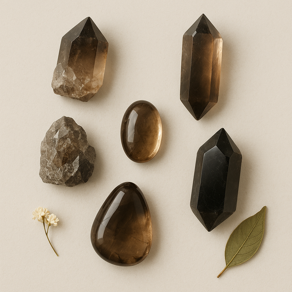 Six crystals and two decorative leaves on a light background.