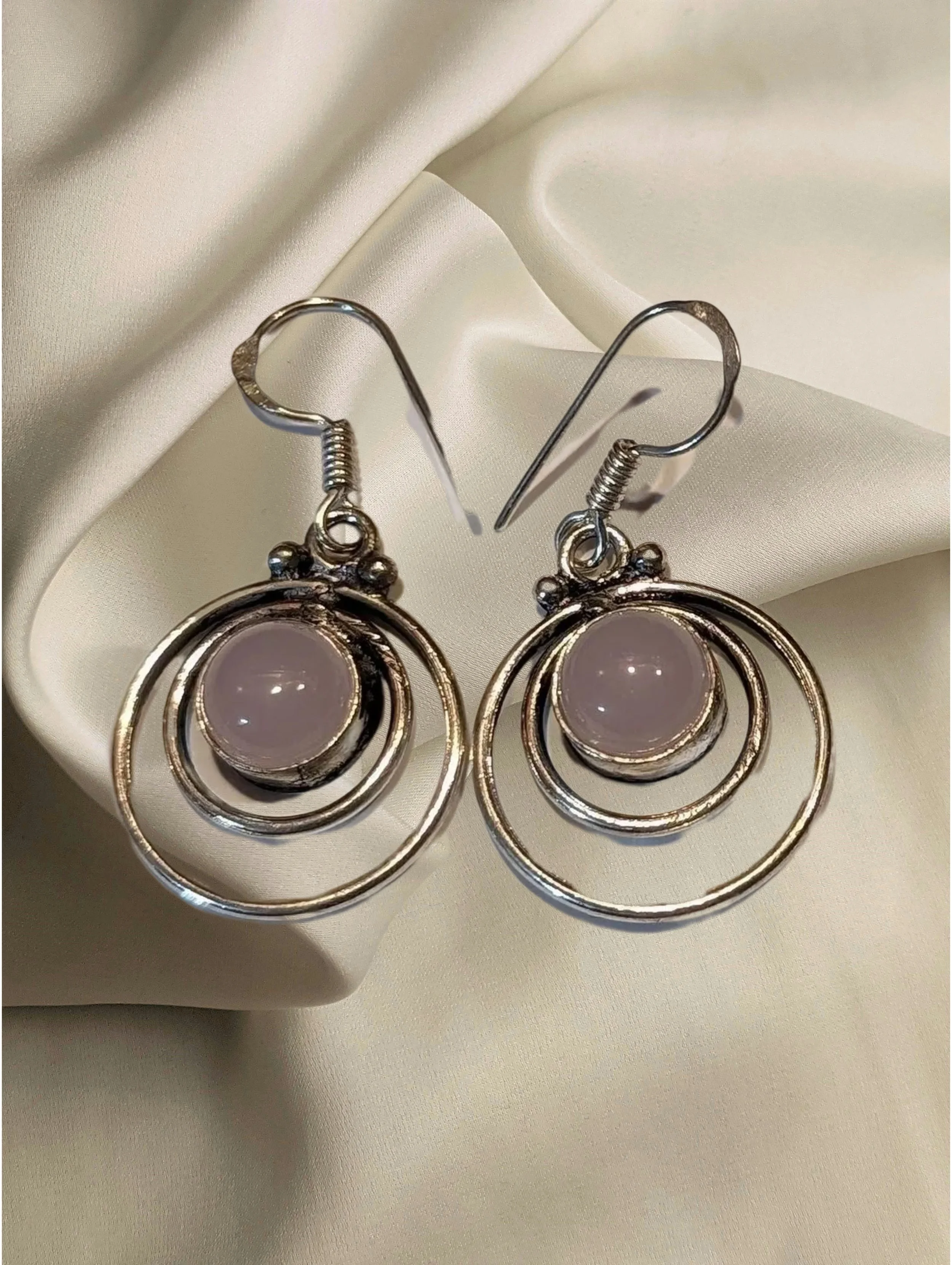 Rose Quartz Double Circle Silver Earrings 🌸