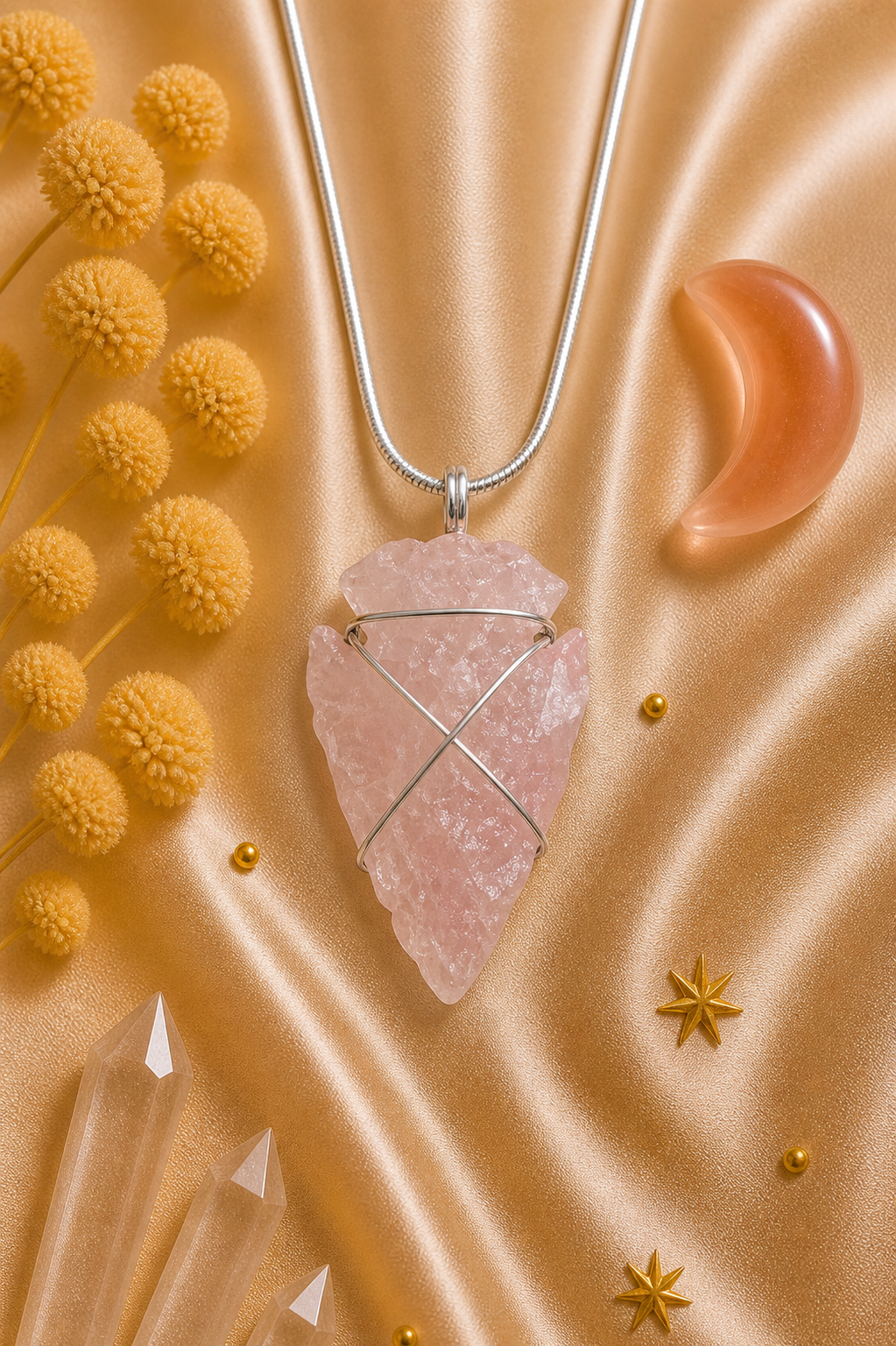 Rose Quartz Wire-Wrapped Arrowhead Pendant Necklace  - Love • Courage • Energetic Harmony