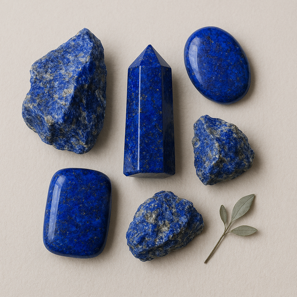 Collection of blue lapis lazuli stones and a small green leaf on a neutral background.