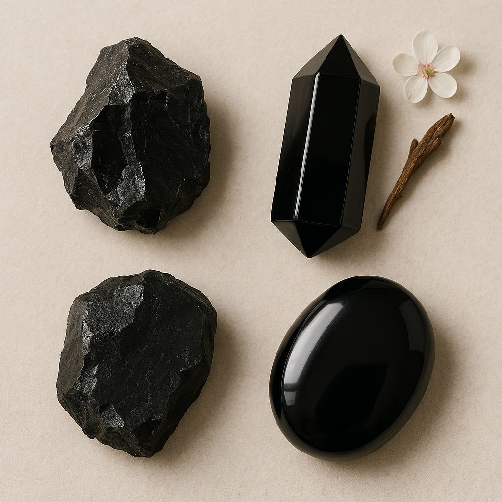Arrangement of black stones, a black geometric-shaped container, a glossy black oval object, a small flower, a wooden stick, and a light-colored background.