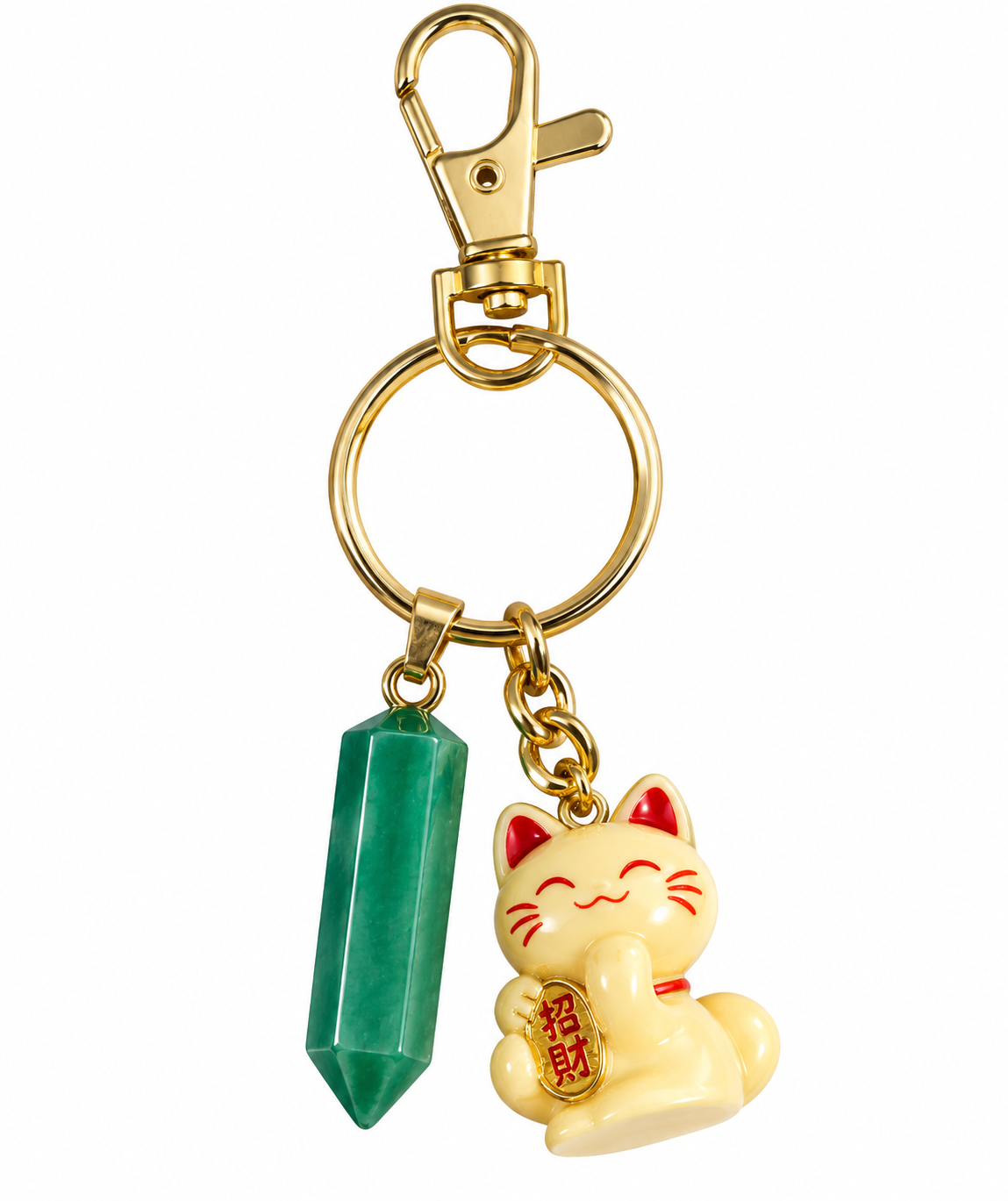 Gold Keychain with Green Crystal and Lucky Cat.png
