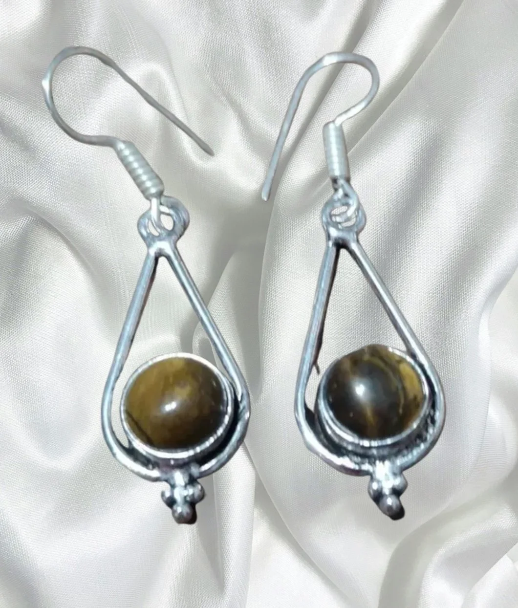 Tiger’s Eye Cradled Teardrop Silver Earrings 🐅✨