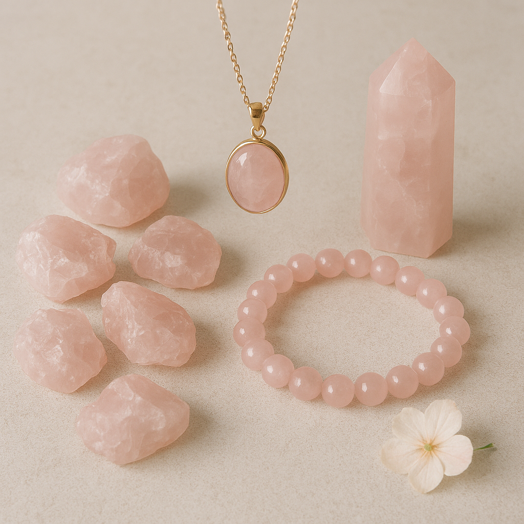 Rose Quartz
 Love • Compassion • Heart Healing -
Pendants, earrings, bracelets, carvings & crystals