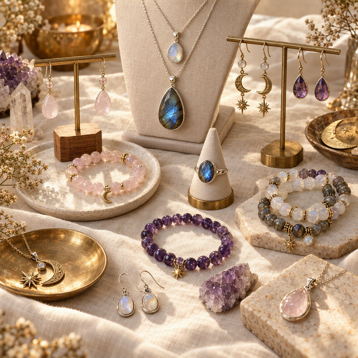 Explore Our Jewelry Collection 💕

Discover beautiful gemstone pendants, crystal bracelets, unique earrings, and celestial-inspired designs. From everyday sparkle to meaningful, one-of-a-kind treasures, find something special while it's here!