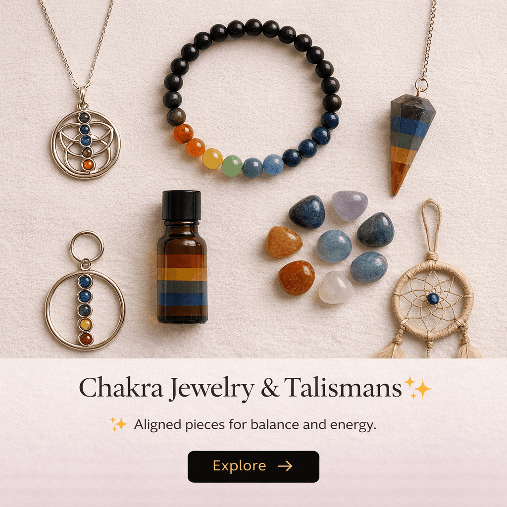 Collection of chakra jewelry and stones, including necklaces, bracelets, earrings, and crystals, arranged on a neutral surface. Text overlay advertises "Chakra Jewelry & Talismans" with a description and an "Explore" button.