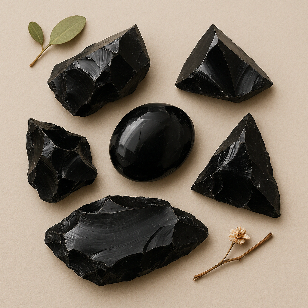 Six black stone pieces of varying shapes and a black polished stone in the center, arranged on a beige background with two small green leaves and a small dried flower.