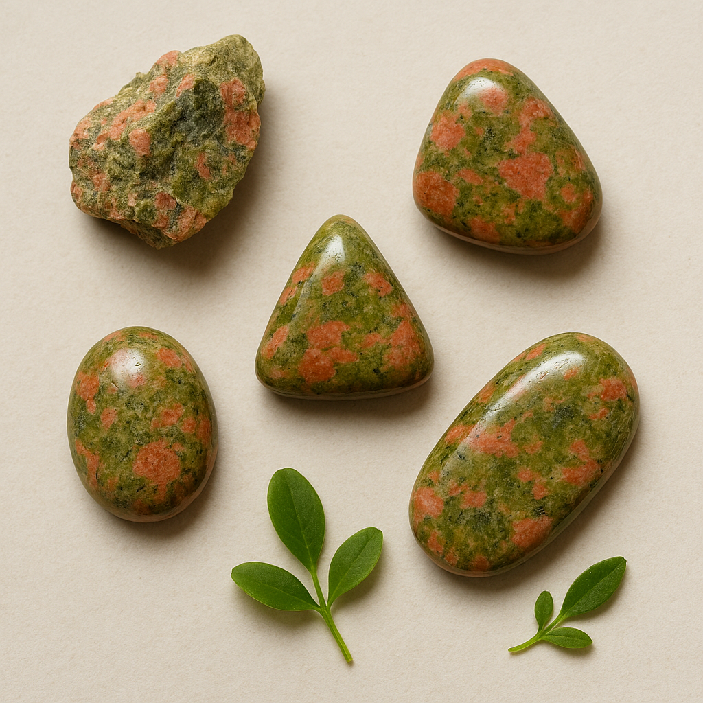 Five polished multicolored stones and two green leaves on a beige background.