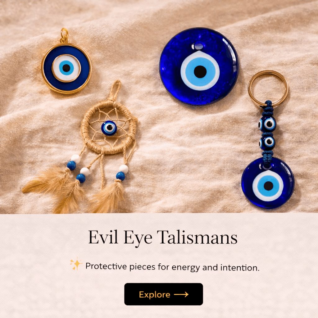 Collection of evil eye jewelry and a dreamcatcher with evil eye beads on beige fabric, including a pendant, a large round charm, a keychain, and a small charm, all featuring blue and white evil eye designs.