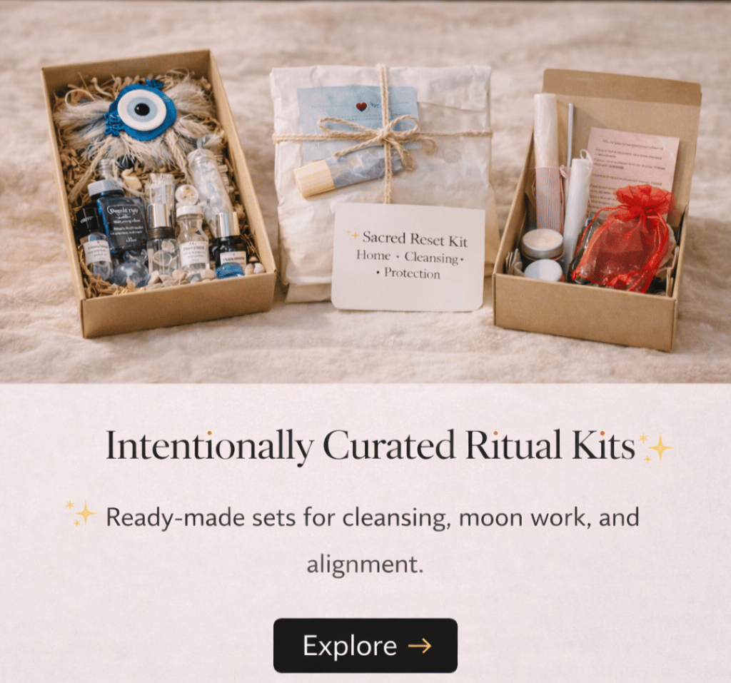 Display of curated ritual kits including bottles, jars, and wrapped items, with a sign labeled "Sacred Reset Kit Home, Cleansing, Protection."
