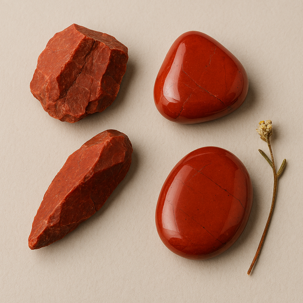 Two smooth polished red jasper stones, two rough red stones, and a small dried flower on a neutral background.