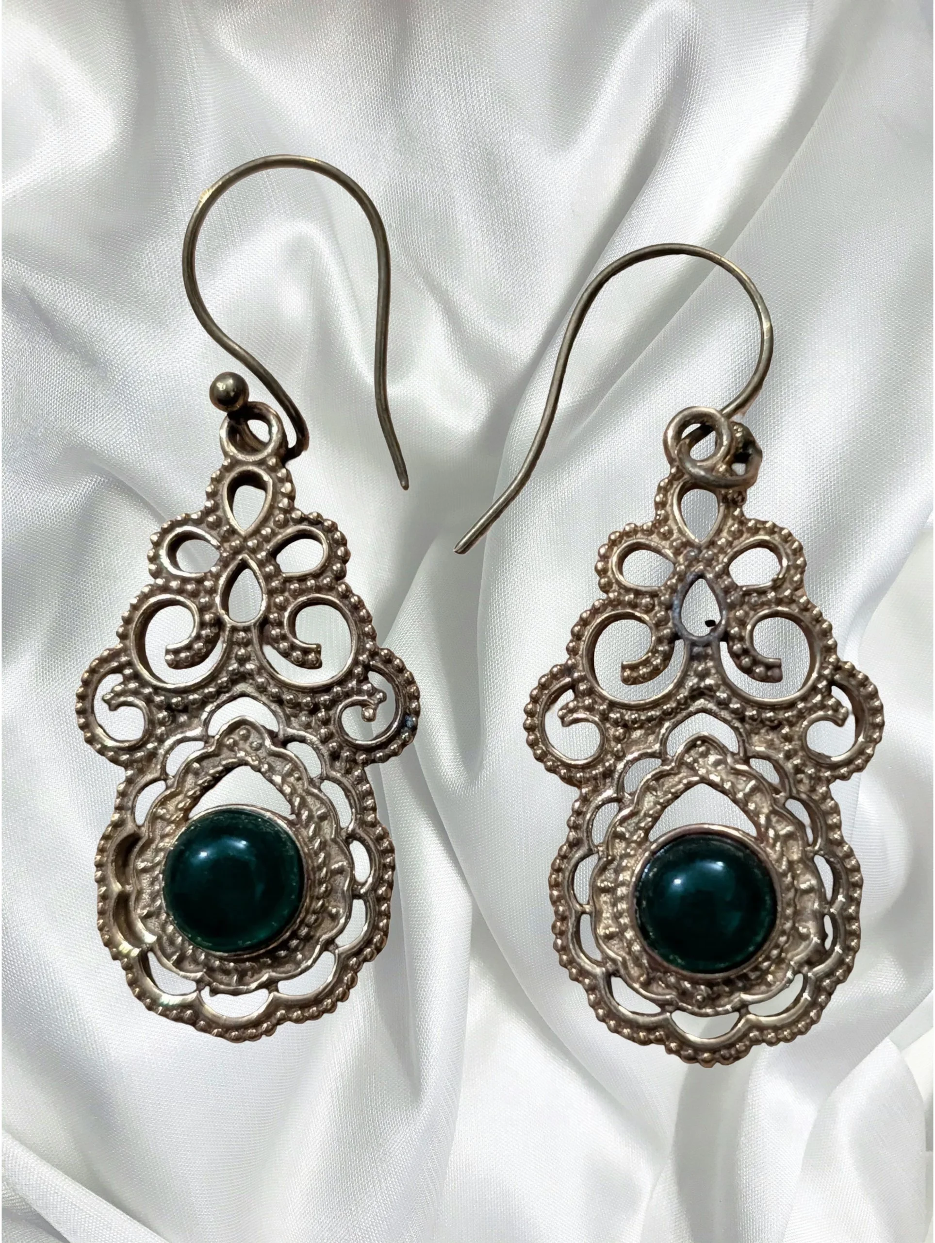 Green Jade Ornate Filigree Earrings – Brass