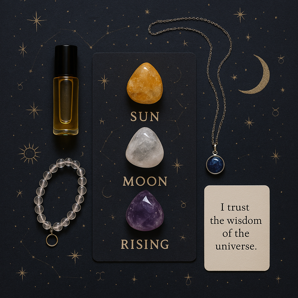 An arrangement of spiritual and jewelry items on a dark background with celestial star and moon illustrations. The items include a small vial of amber oil, a crystal necklace, a bracelet with clear beads, and three polished stones in yellow, white, and purple. The stones are labeled 'Sun,' 'Moon,' and 'Rising.' A card reads 'I trust the wisdom of the universe.'