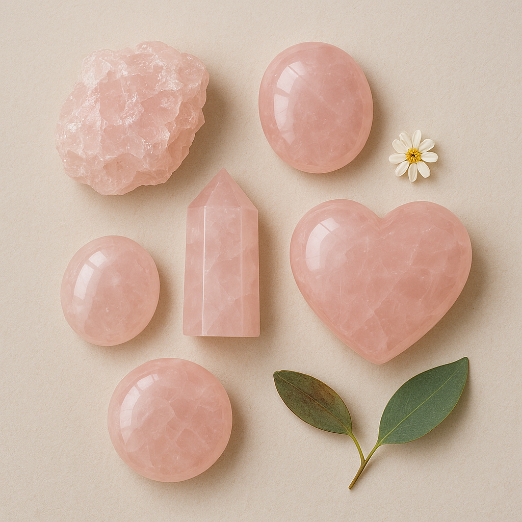 Collection of pink rose quartz gemstones in various shapes including a rough chunk, a heart, a sphere, and a pyramid, with a small white flower and two green leaves on a neutral background.