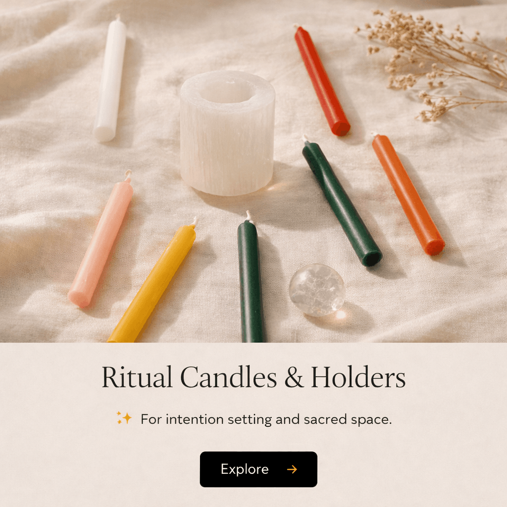 Various colored candles, a white candle holder, a candle, a clear glass orb, and dried flowers on a light-colored fabric surface, with text overlay about ritual candles and holders.
