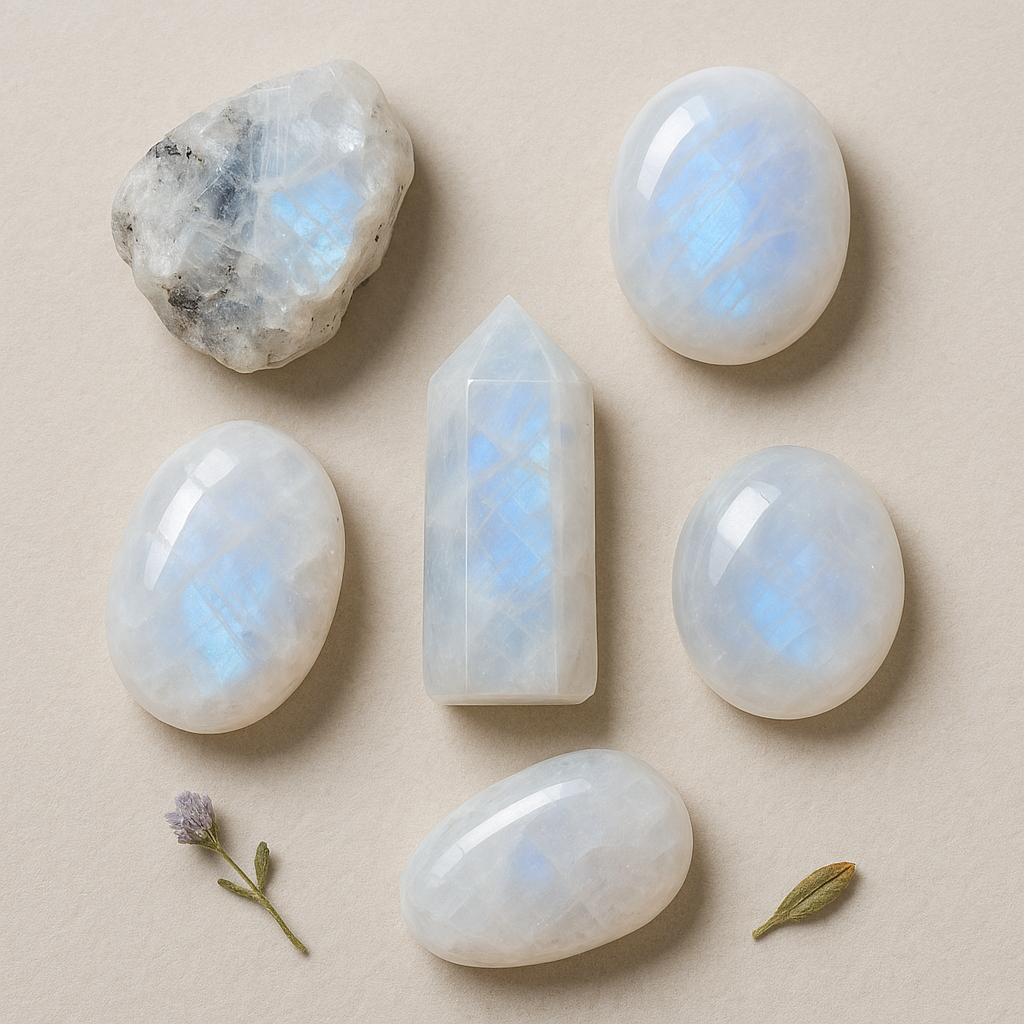 A collection of seven moonstones and one opalite gemstone arranged on a beige surface, with small sprigs of purple and green dried flowers.