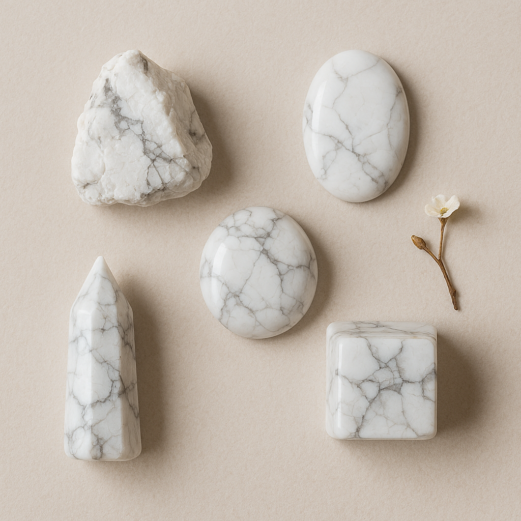Various white marble objects including a large rough stone, two oval smooth stones, a polygonal pyramid, a round polished sphere, a square block, and a small flower with two buds on a light beige background.