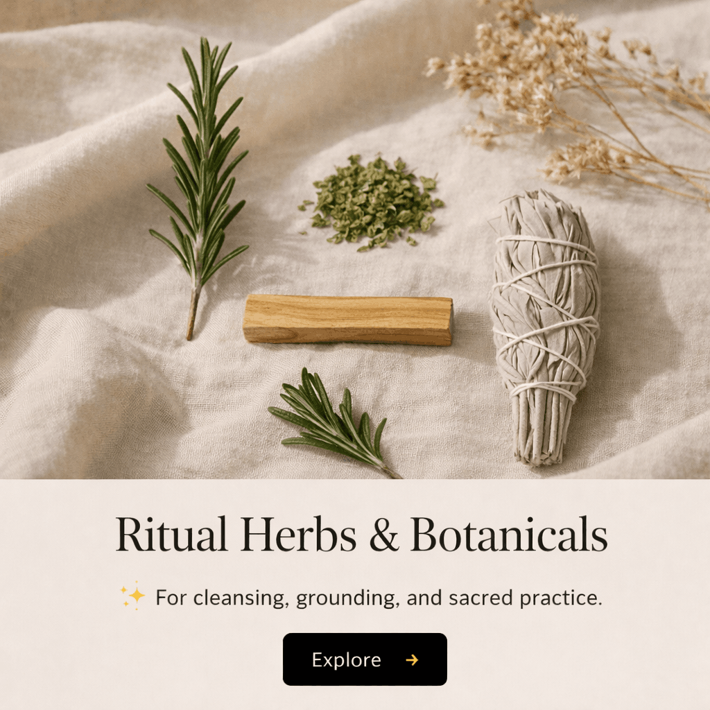 A collection of ritual herbs and botanicals including a sprig of rosemary, dried flowers, a bundle of sage wrapped with white string, a small pile of dried herbs, and a piece of palo santo, arranged on beige fabric.