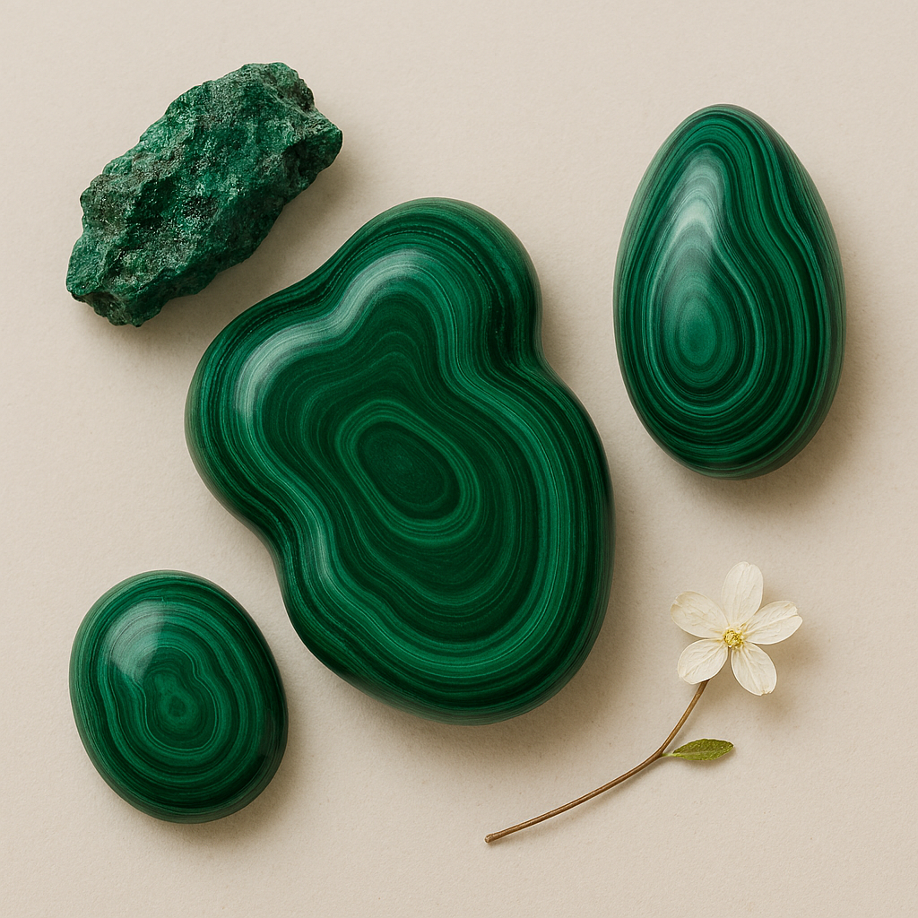 Three polished malachite stones in various shapes, a rough malachite rock, and a small white flower with a green leaf on a light background.