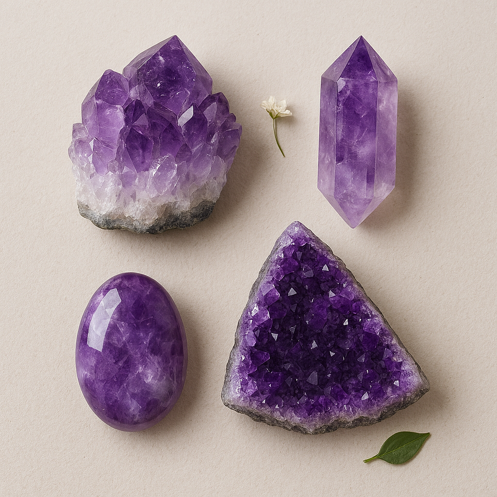 Five purple crystals of varying shapes and sizes, including a cluster, a pointed prism, an oval, and a triangular geode, with a small white flower and a green leaf on a light beige background.
